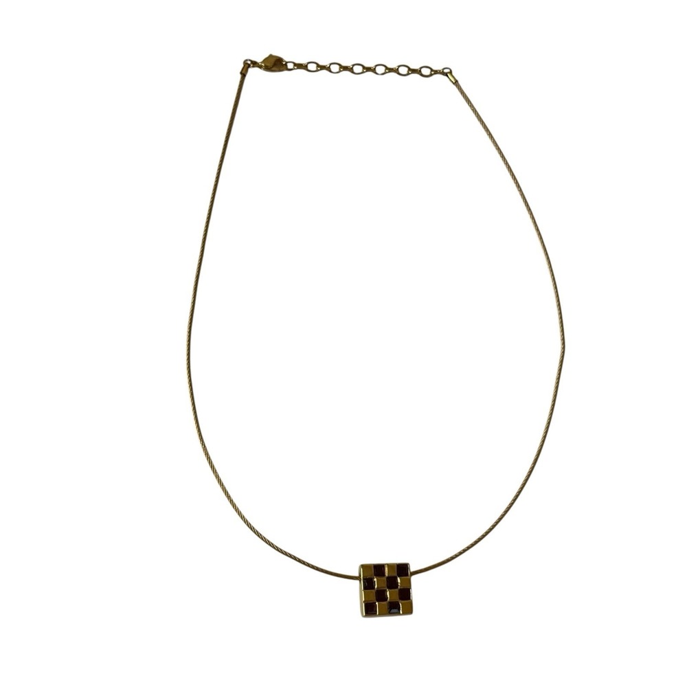 Vintage Monet Gold Tone Checkerboard Geometric Pendant Necklace Signed 1980s - Picture 4 of 6